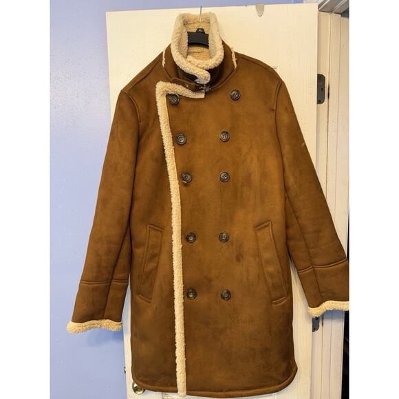 GUESS Mens Double Breasted Faux Shearling Overcoat Brown Medium - Picture 8 of 11
